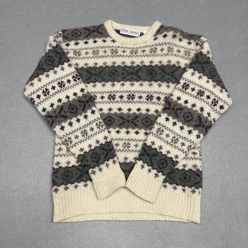 John Ashford Sweater Mens Medium Cream Brown Fair Isle Shetland Wool Hong Kong